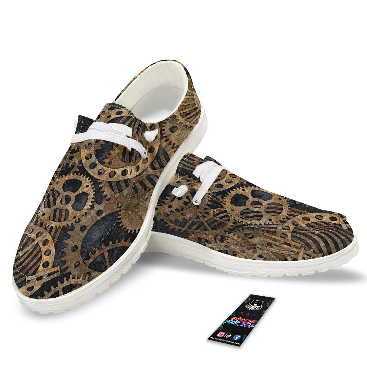Cogs And Gears Steampunk Brass Print White Loafers-grizzshop