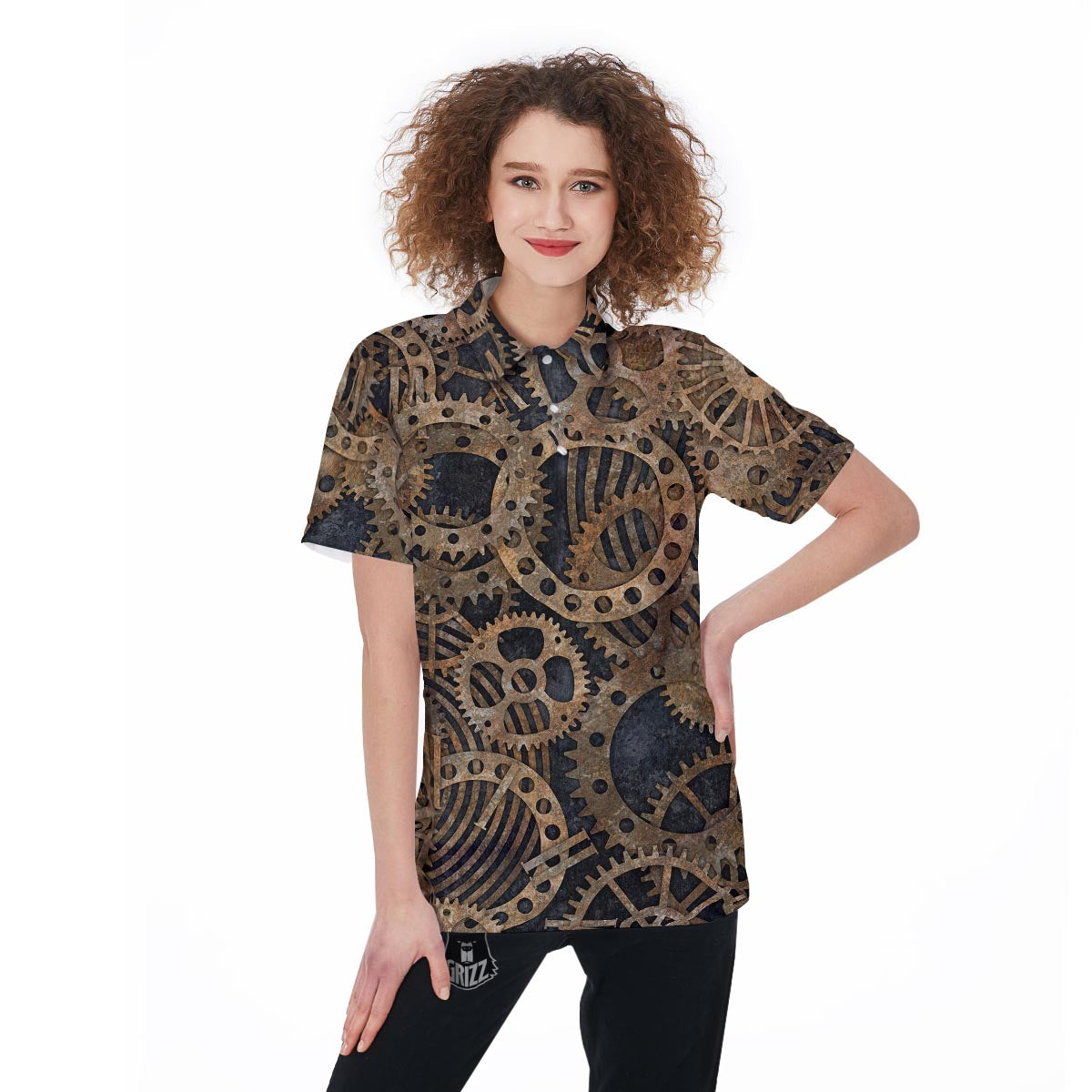 Cogs And Gears Steampunk Brass Print Women's Golf Shirts-grizzshop