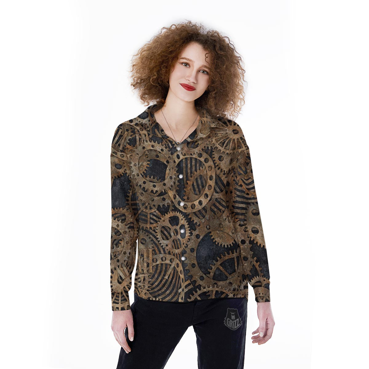 Cogs And Gears Steampunk Brass Print Women's Long Sleeve Shirts-grizzshop
