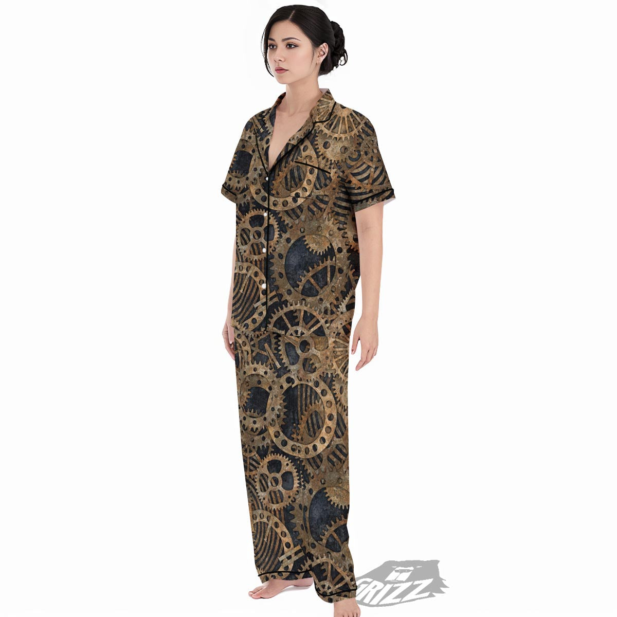 Cogs And Gears Steampunk Brass Print Women's Pajamas Set-grizzshop