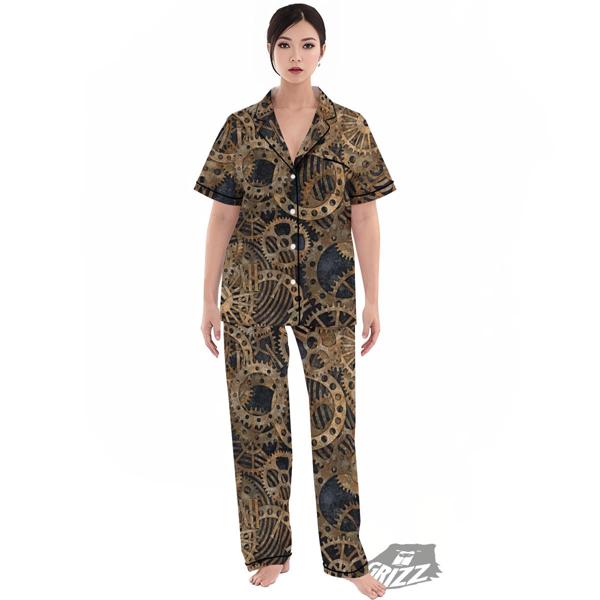 Cogs And Gears Steampunk Brass Print Women's Pajamas Set-grizzshop