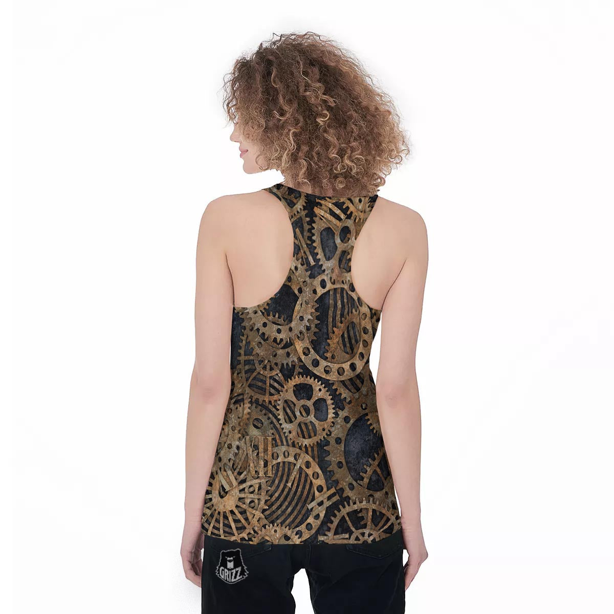 Cogs And Gears Steampunk Brass Print Women's Racerback Tank Top-grizzshop