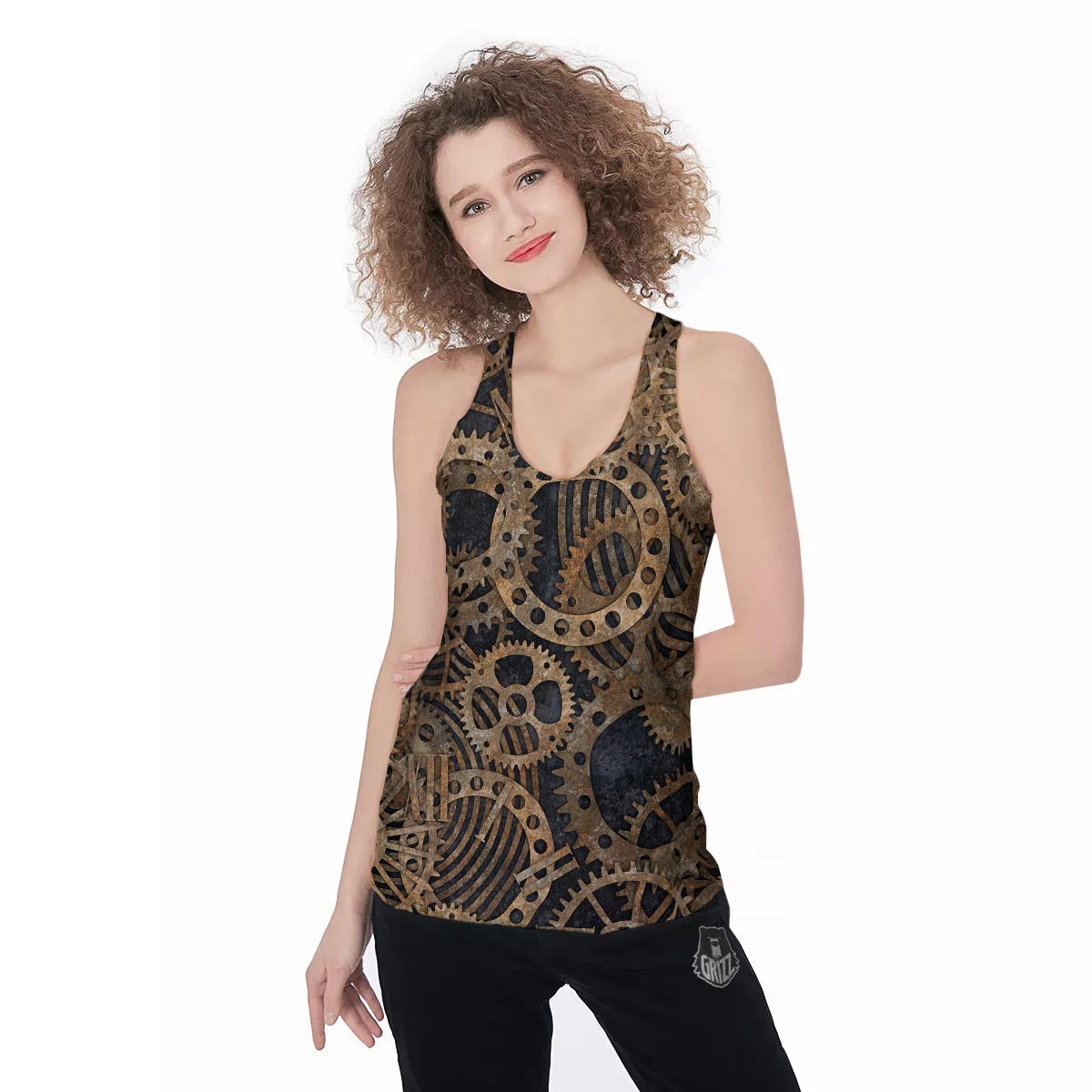 Cogs And Gears Steampunk Brass Print Women's Racerback Tank Top-grizzshop