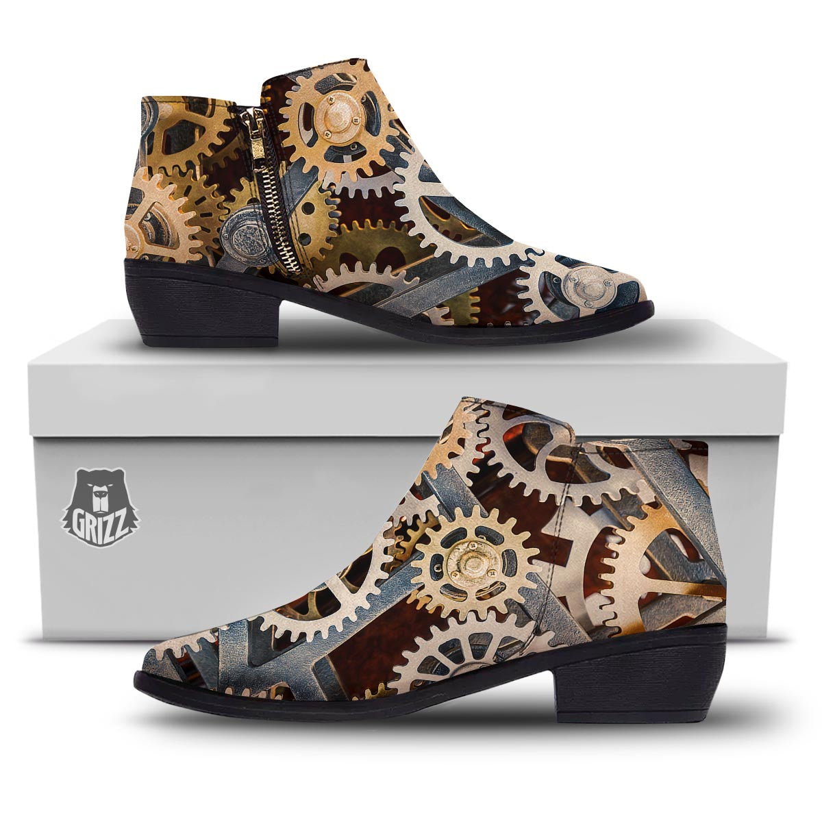 Cogs And Steampunk Gears Print Ankle Boots-grizzshop