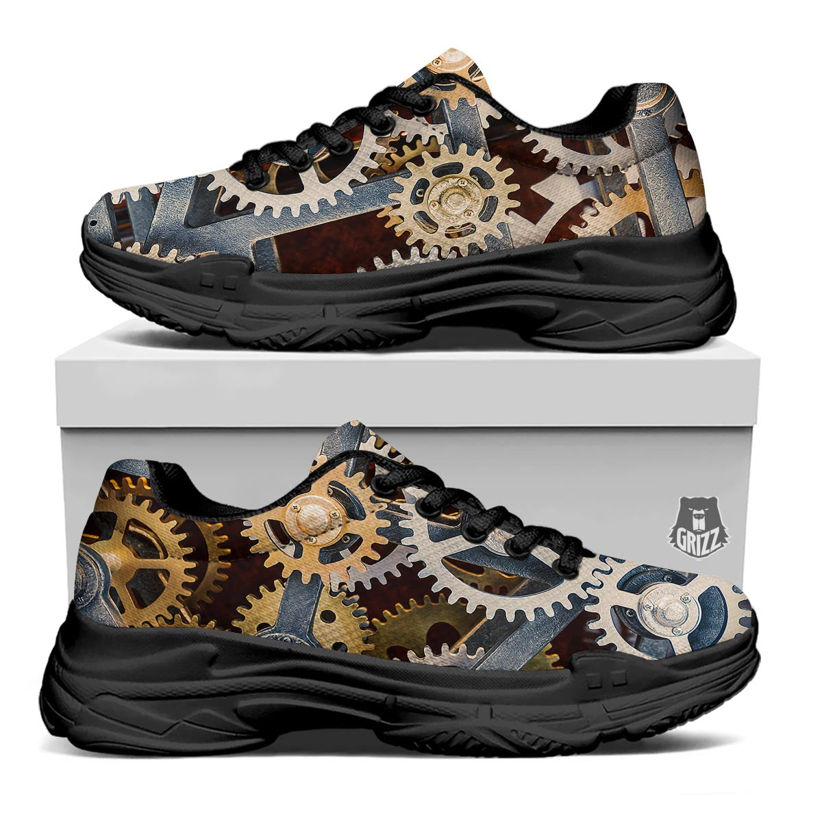 Cogs And Steampunk Gears Print Black Chunky Shoes-grizzshop