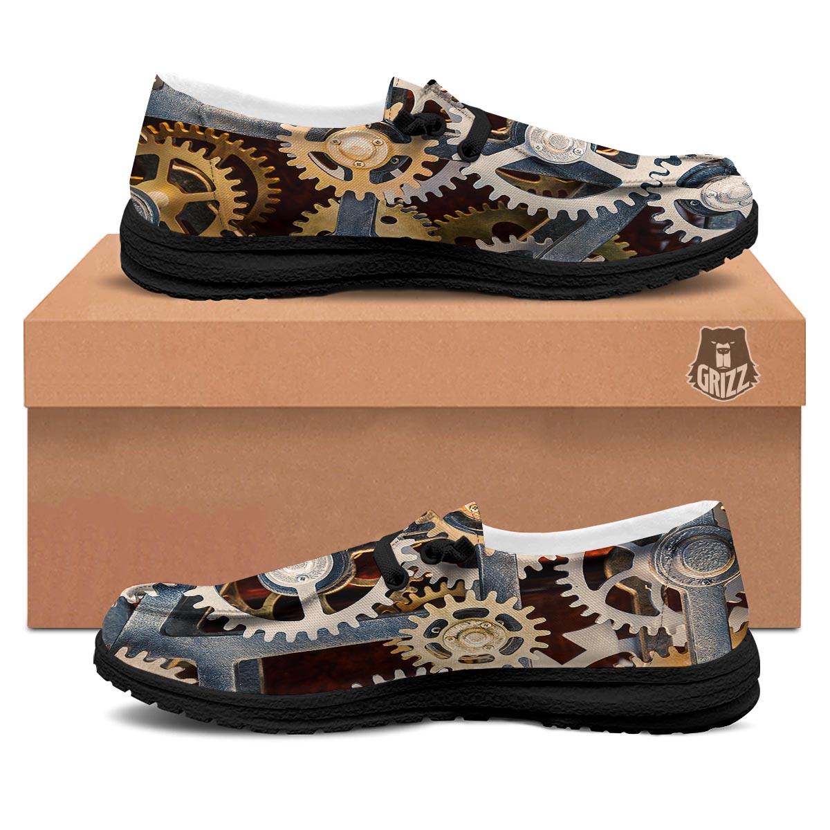 Cogs And Steampunk Gears Print Black Loafers-grizzshop