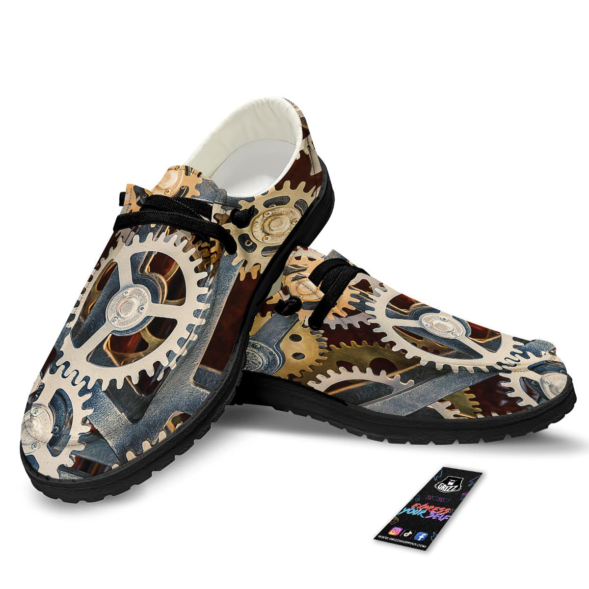 Cogs And Steampunk Gears Print Black Loafers-grizzshop