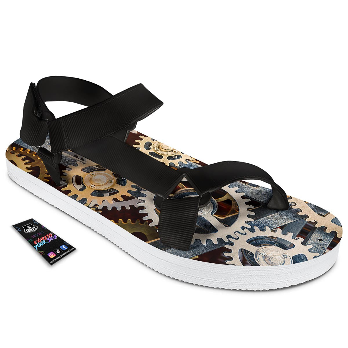 Cogs And Steampunk Gears Print Black Open Toe Sandals-grizzshop