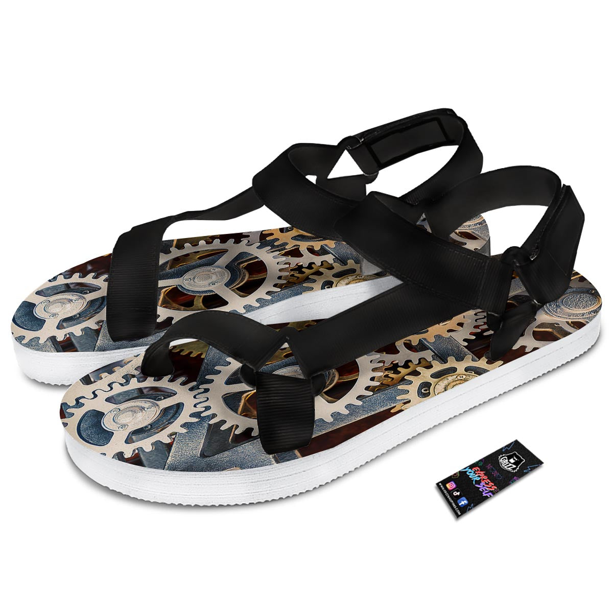 Cogs And Steampunk Gears Print Black Open Toe Sandals-grizzshop