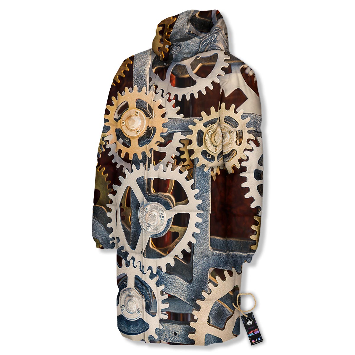 Cogs And Steampunk Gears Print Long Down Jacket-grizzshop