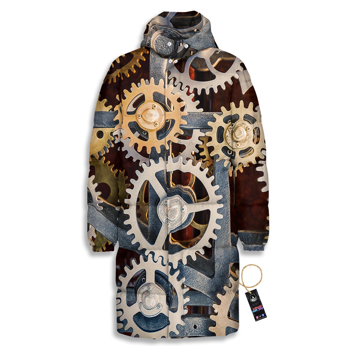 Cogs And Steampunk Gears Print Long Down Jacket-grizzshop