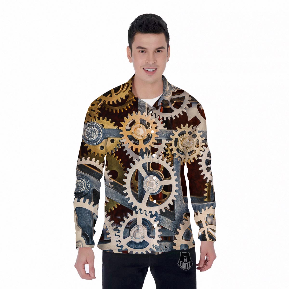 Cogs And Steampunk Gears Print Men's Long Sleeve Shirts-grizzshop