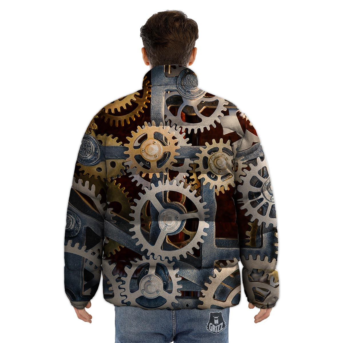 Cogs And Steampunk Gears Print Puffer Jacket-grizzshop