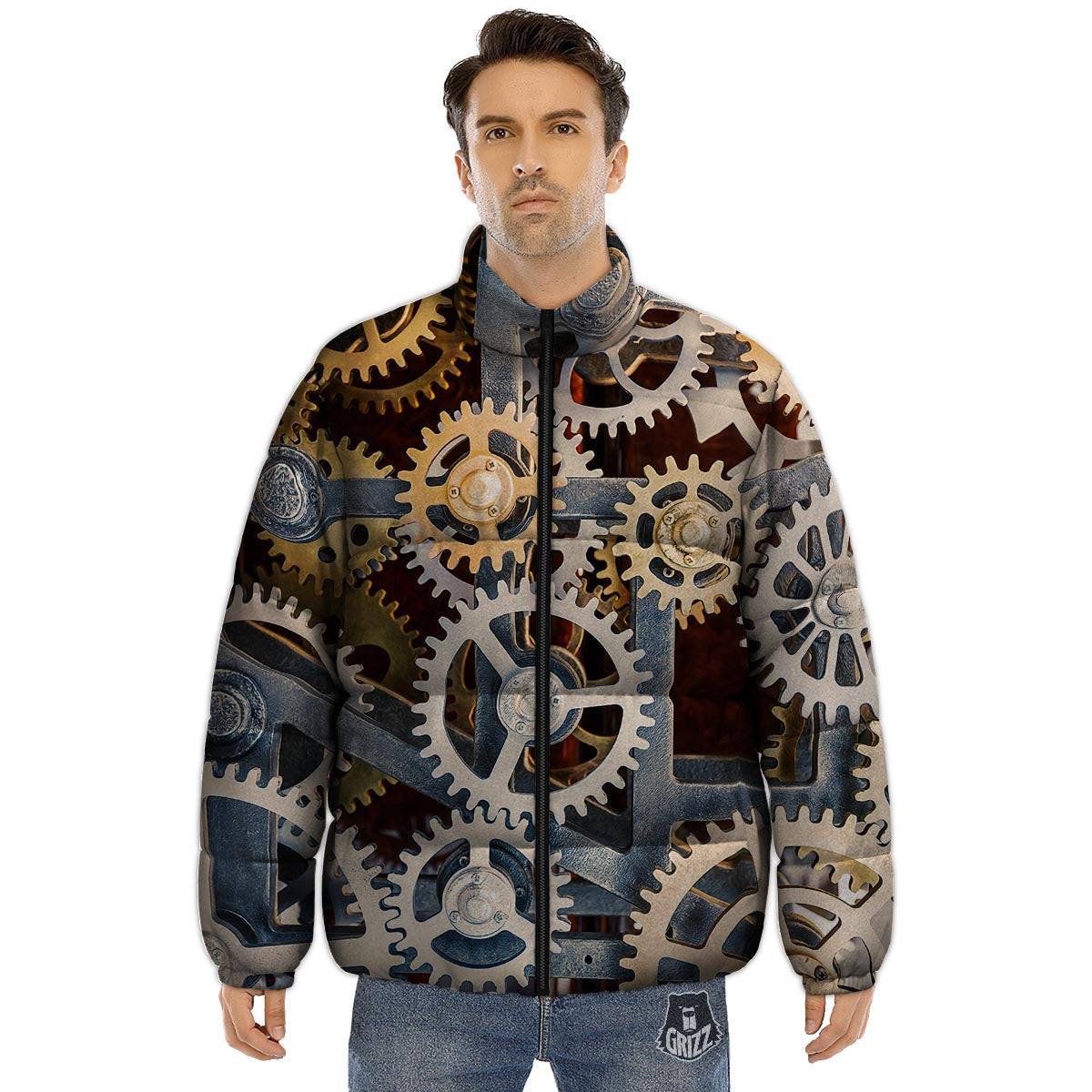 Cogs And Steampunk Gears Print Puffer Jacket-grizzshop