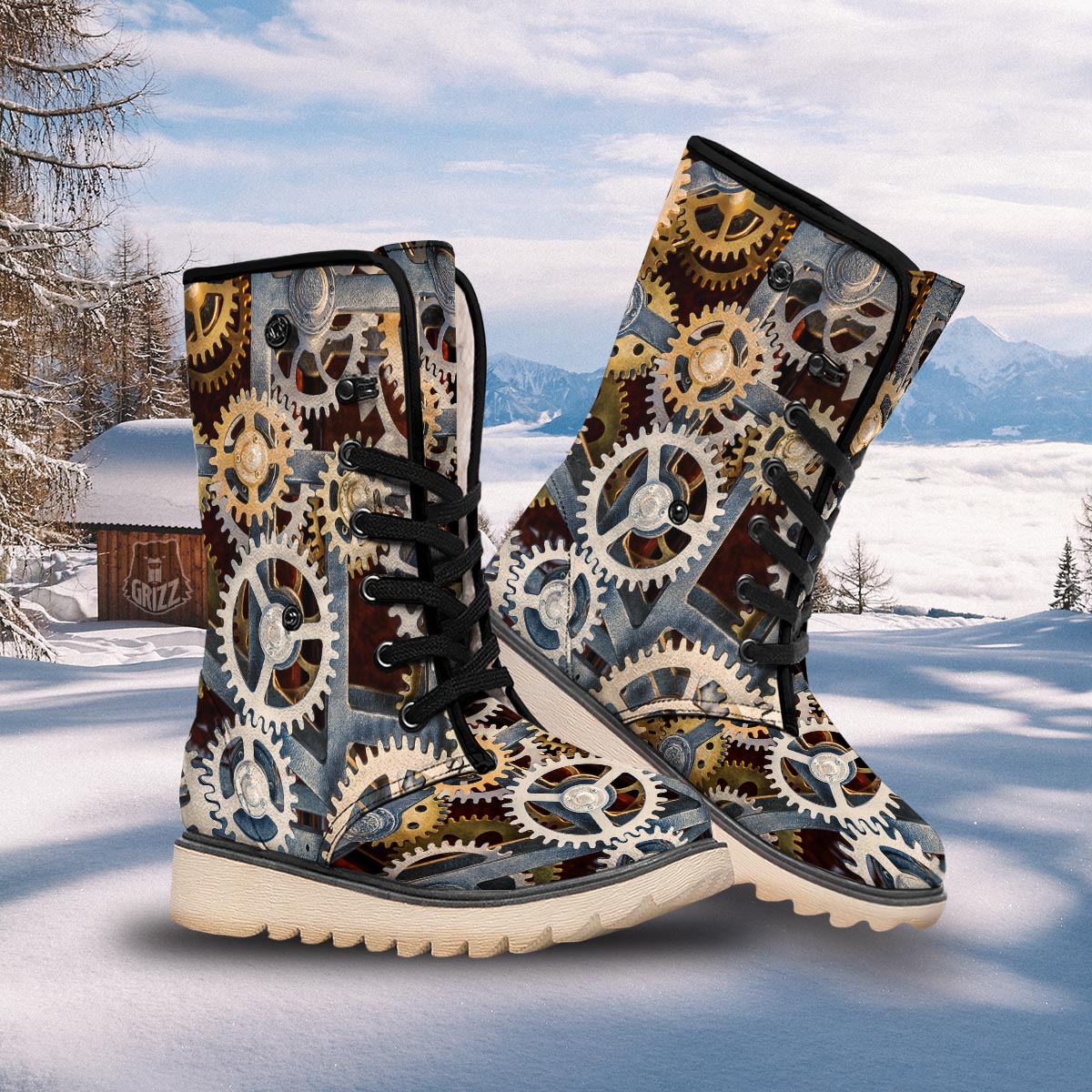 Cogs And Steampunk Gears Print Snow Boots-grizzshop