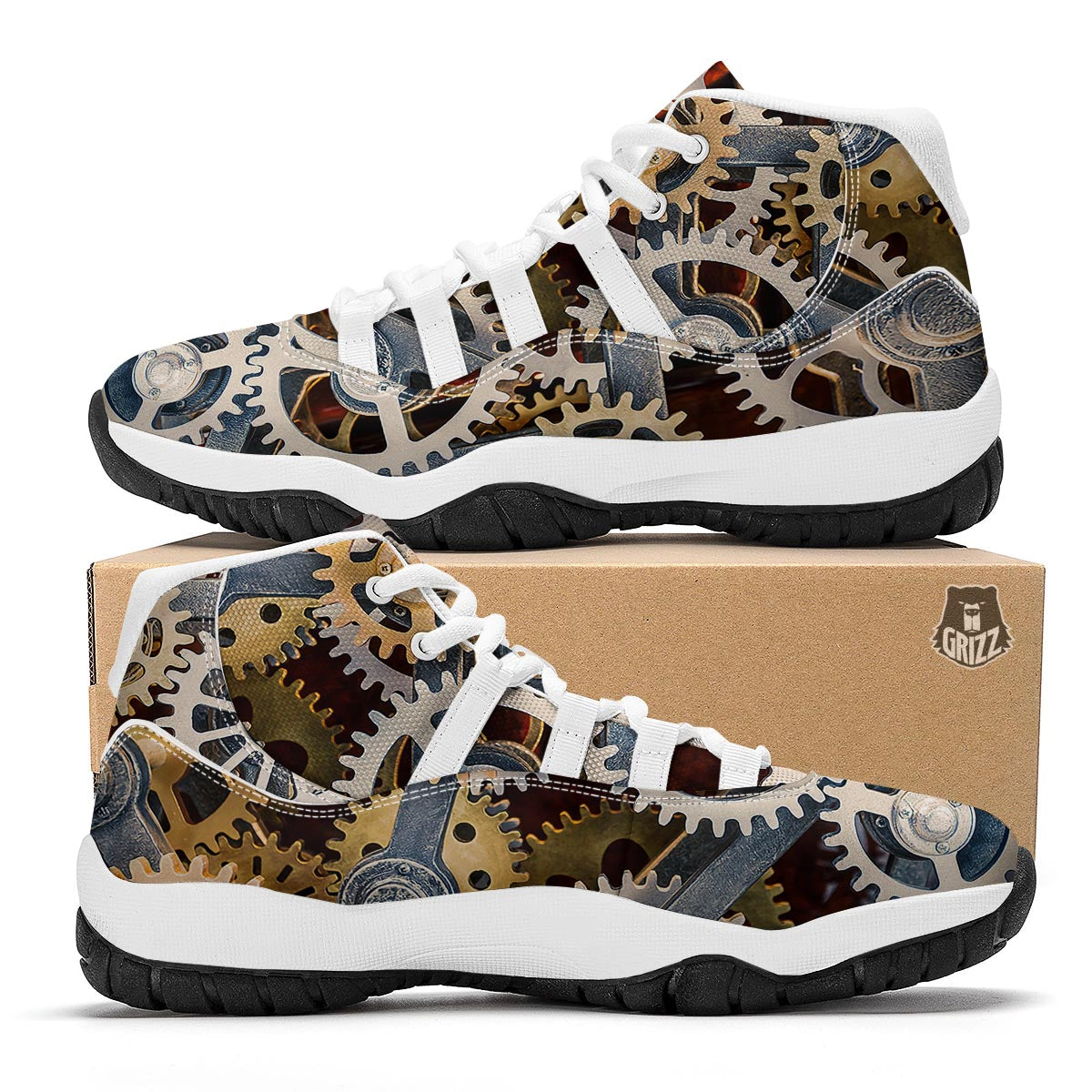 Cogs And Steampunk Gears Print White Bball Shoes-grizzshop