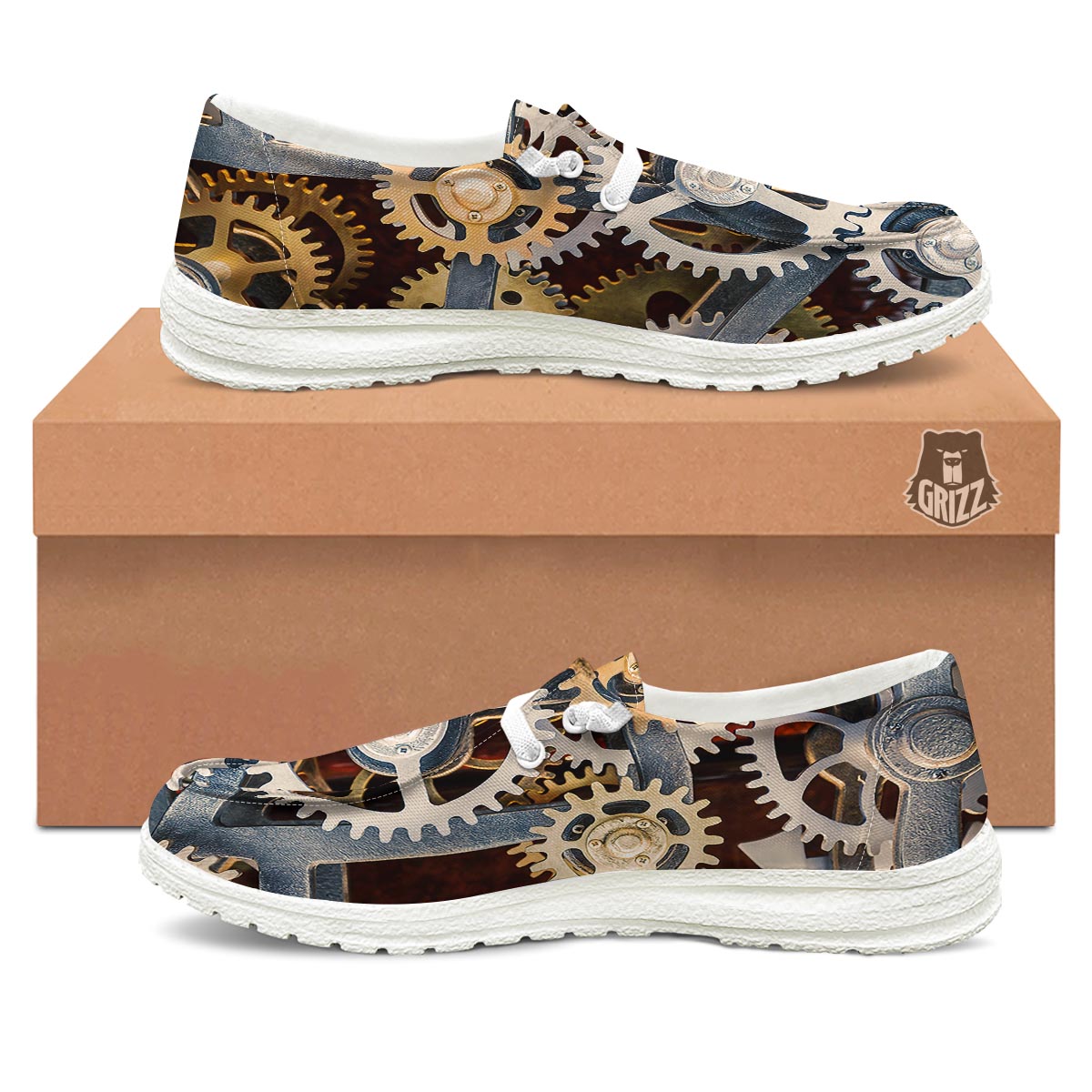 Cogs And Steampunk Gears Print White Loafers-grizzshop