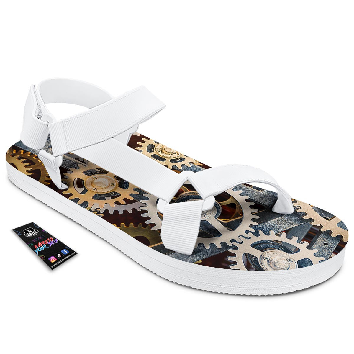 Cogs And Steampunk Gears Print White Open Toe Sandals-grizzshop