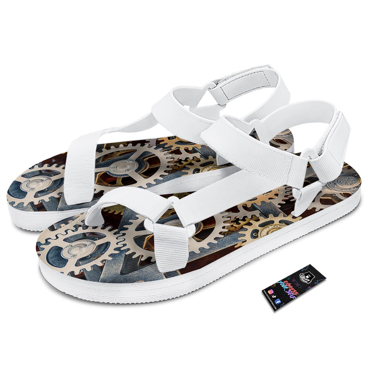 Cogs And Steampunk Gears Print White Open Toe Sandals-grizzshop