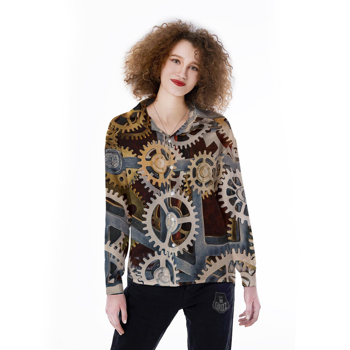Cogs And Steampunk Gears Print Women's Long Sleeve Shirts-grizzshop