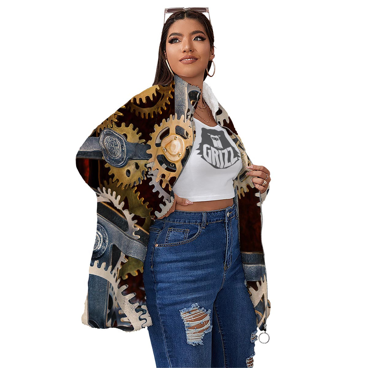 Cogs And Steampunk Gears Print Women's Sherpa Jacket-grizzshop
