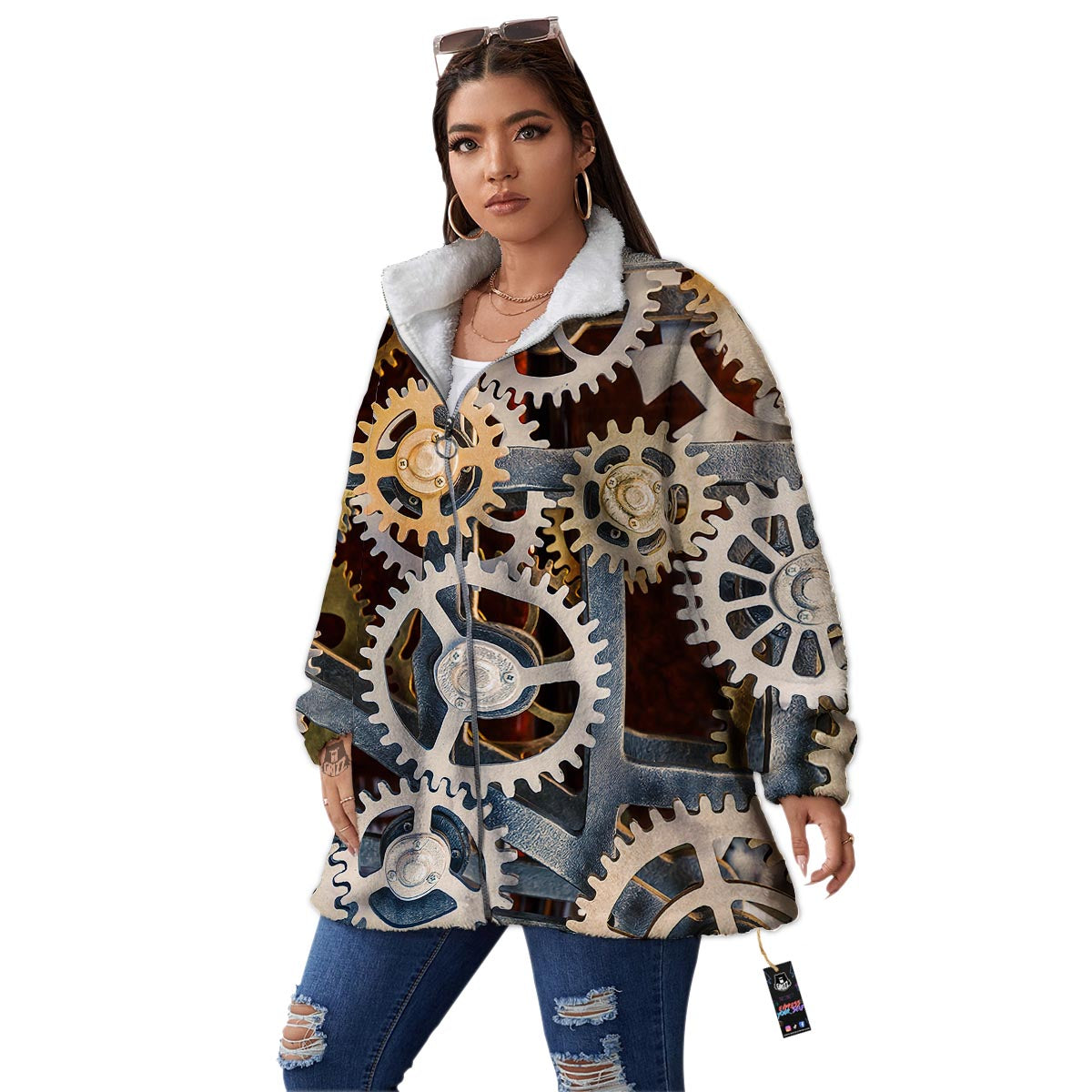 Cogs And Steampunk Gears Print Women's Sherpa Jacket-grizzshop