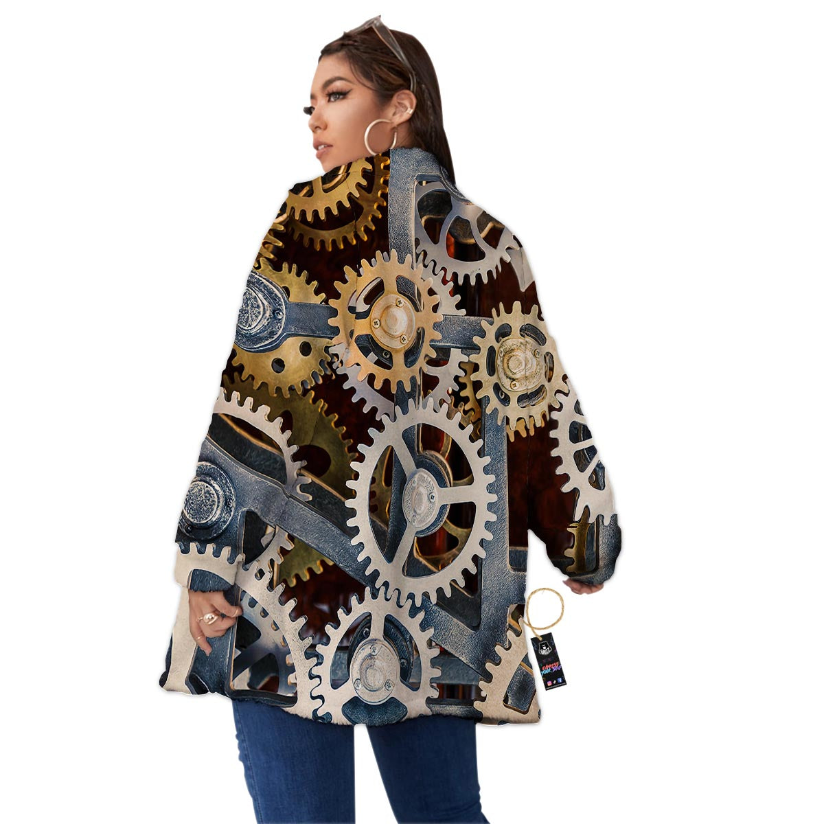 Cogs And Steampunk Gears Print Women's Sherpa Jacket-grizzshop
