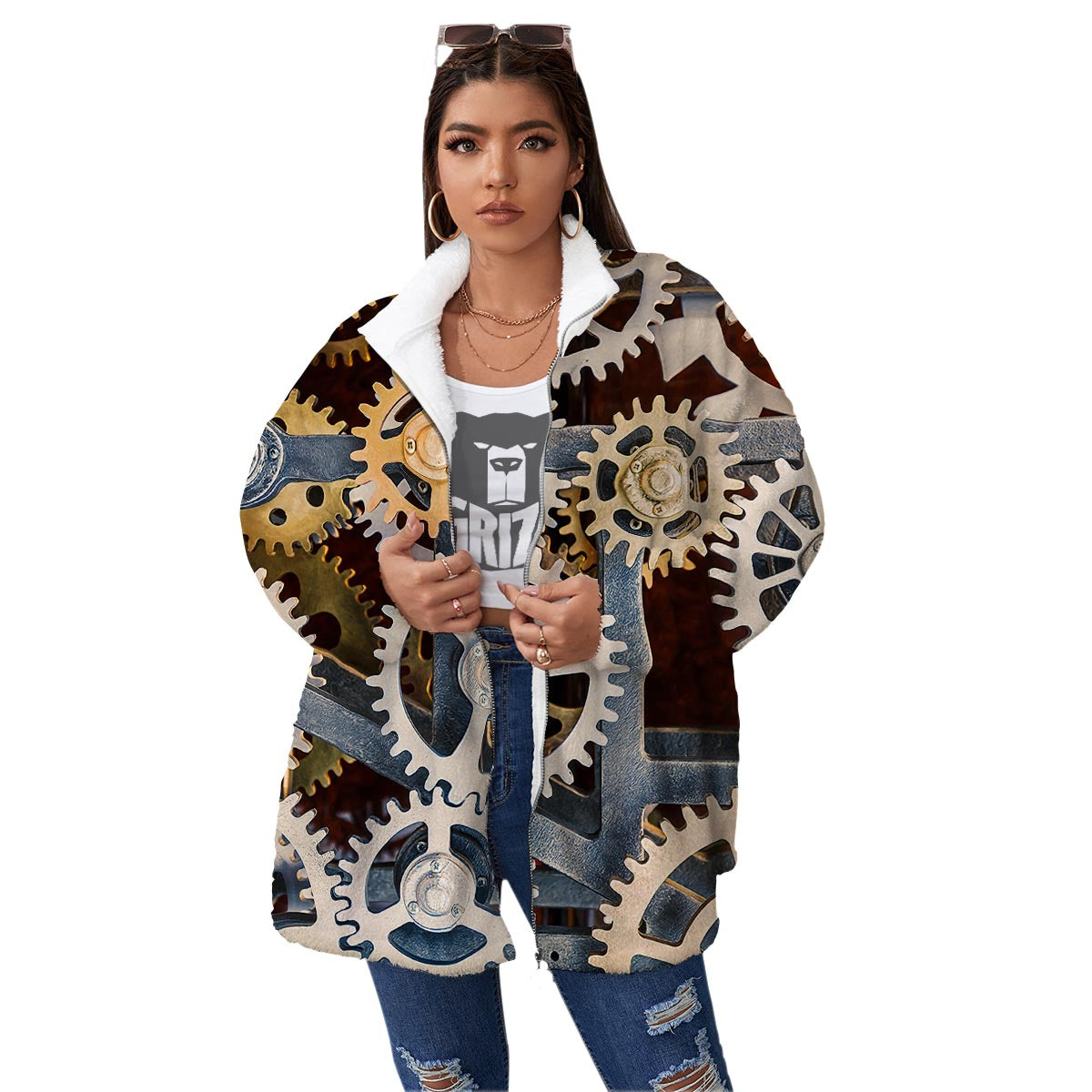 Cogs And Steampunk Gears Print Women's Sherpa Jacket-grizzshop