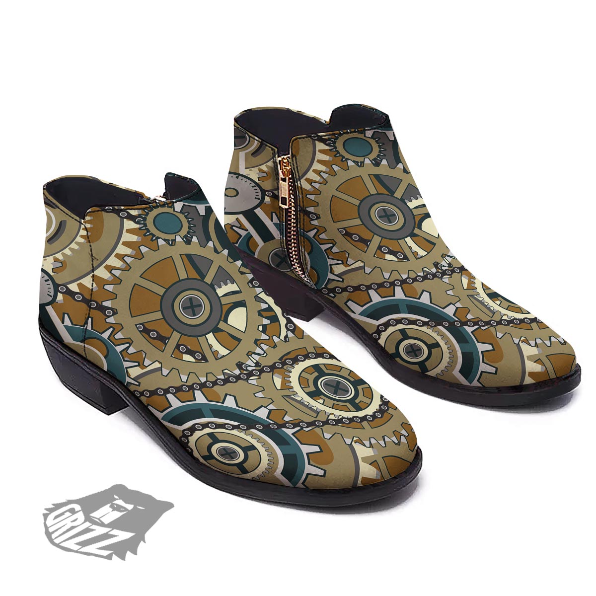 Cogwheels Steampunk Print Ankle Boots-grizzshop