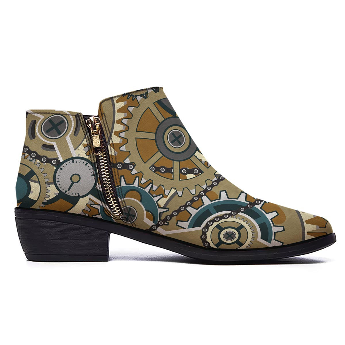 Cogwheels Steampunk Print Ankle Boots-grizzshop