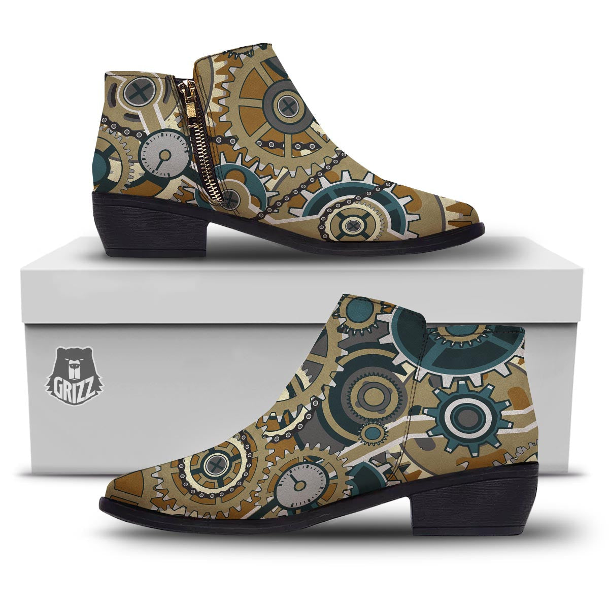 Cogwheels Steampunk Print Ankle Boots-grizzshop