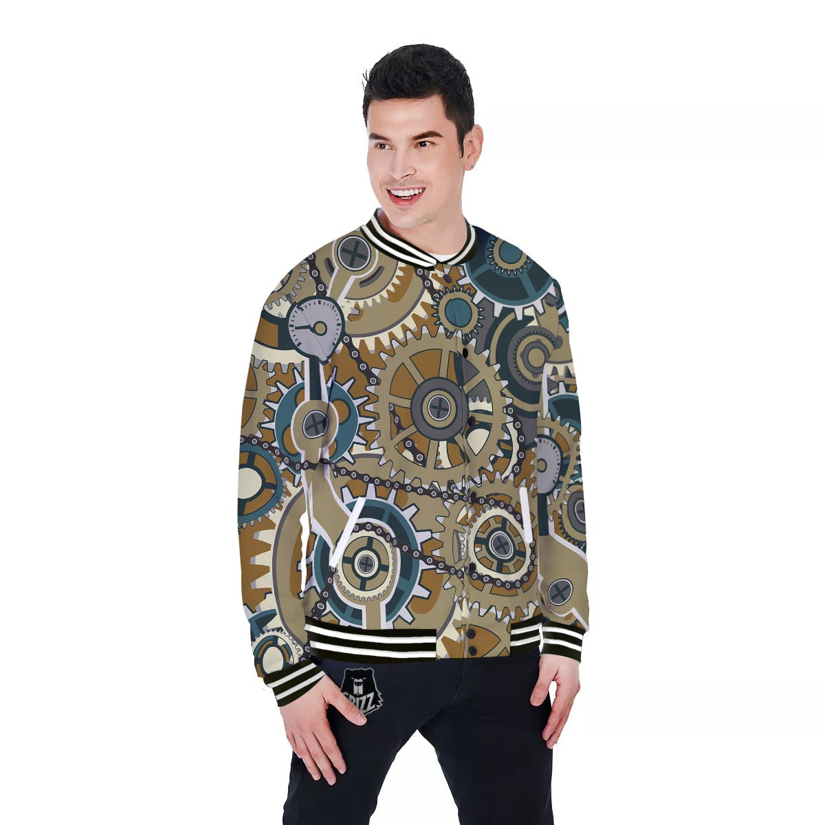Cogwheels Steampunk Print Baseball Jacket-grizzshop
