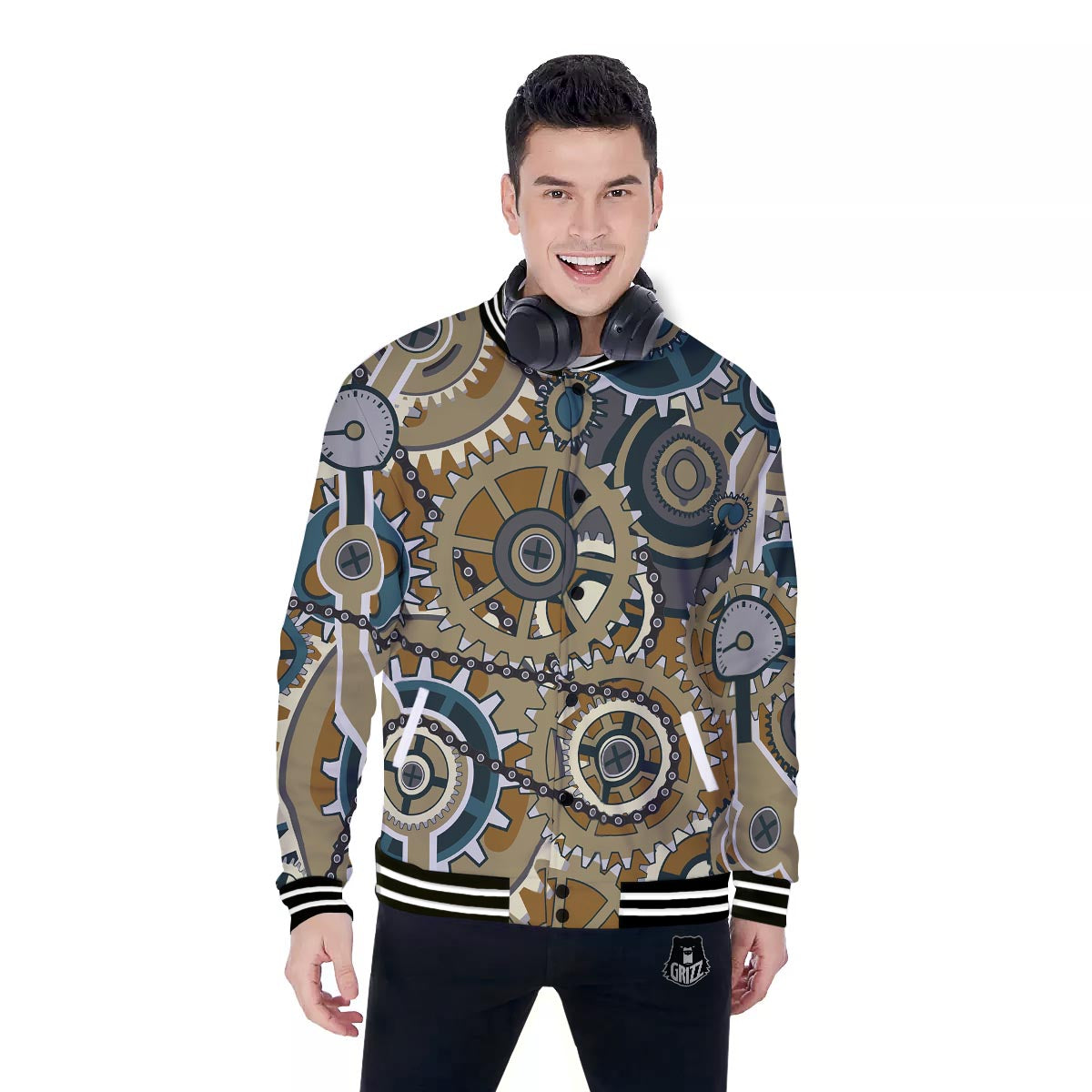 Cogwheels Steampunk Print Baseball Jacket-grizzshop