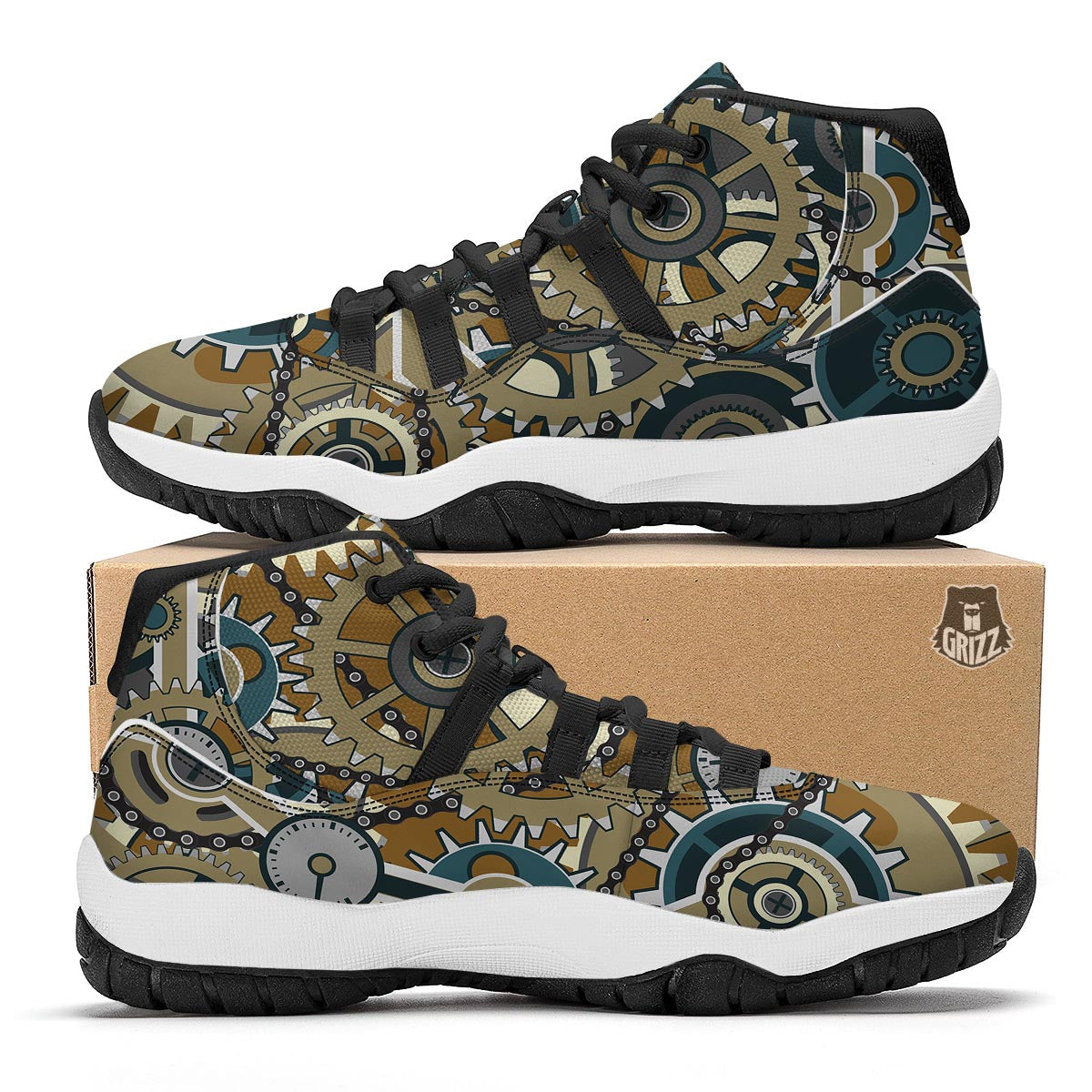 Cogwheels Steampunk Print Black Bball Shoes-grizzshop