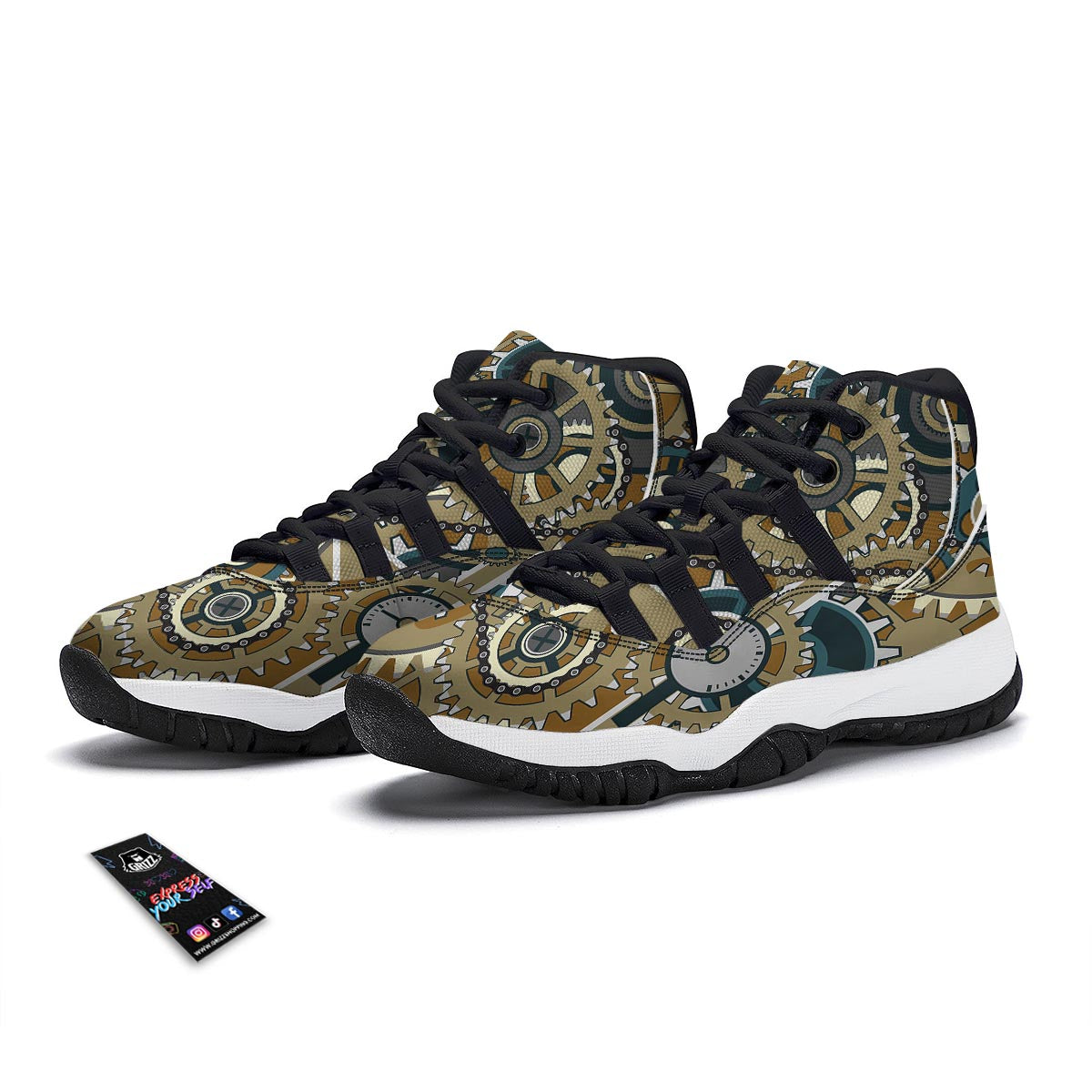 Cogwheels Steampunk Print Black Bball Shoes-grizzshop