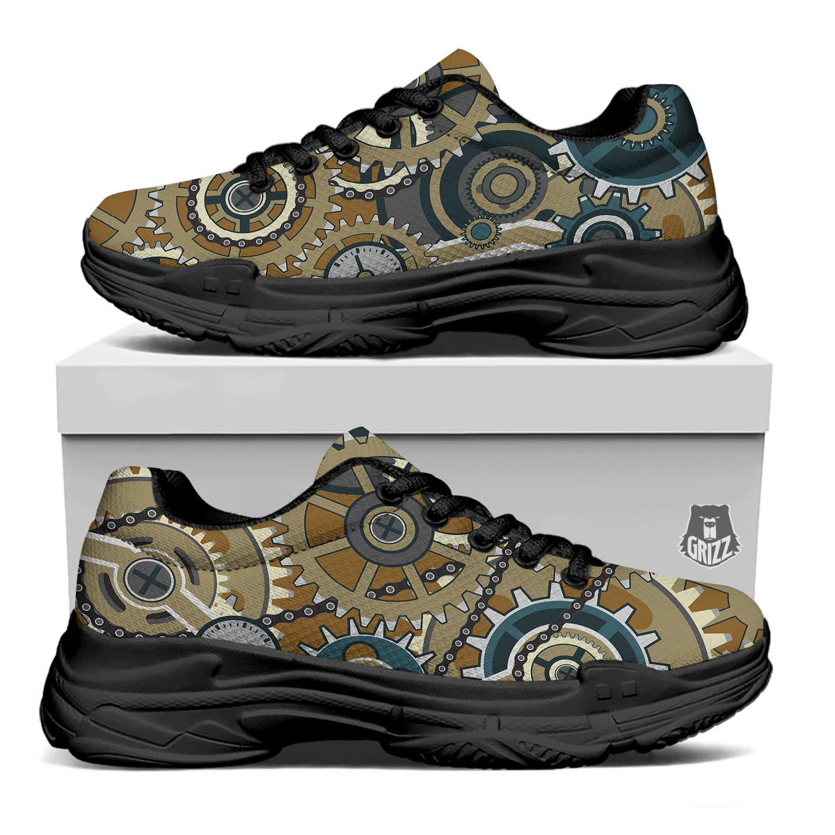 Cogwheels Steampunk Print Black Chunky Shoes-grizzshop