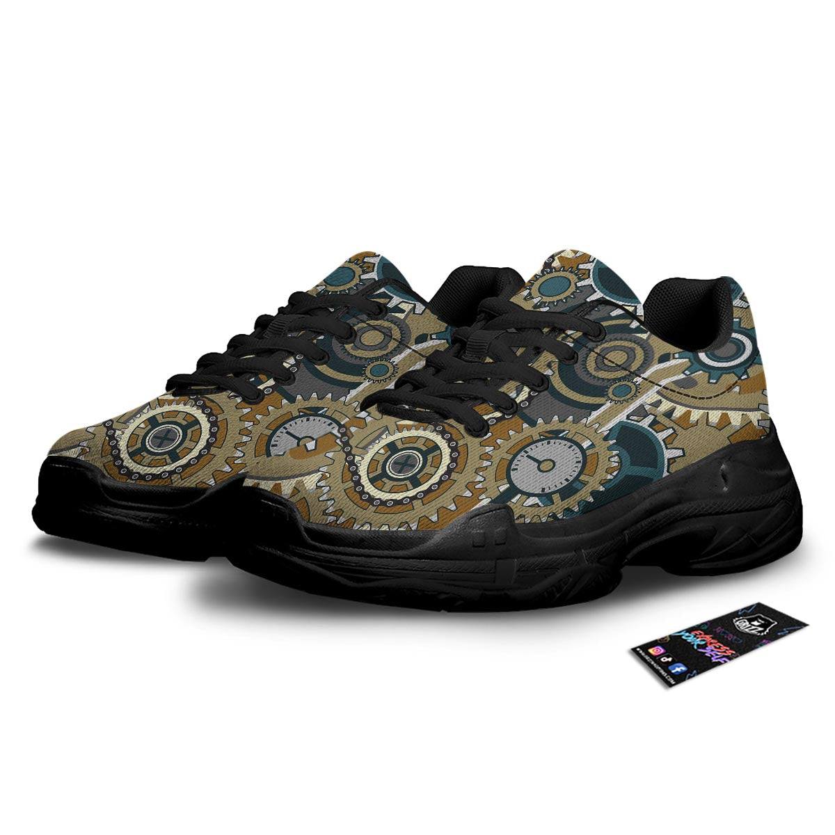 Cogwheels Steampunk Print Black Chunky Shoes-grizzshop
