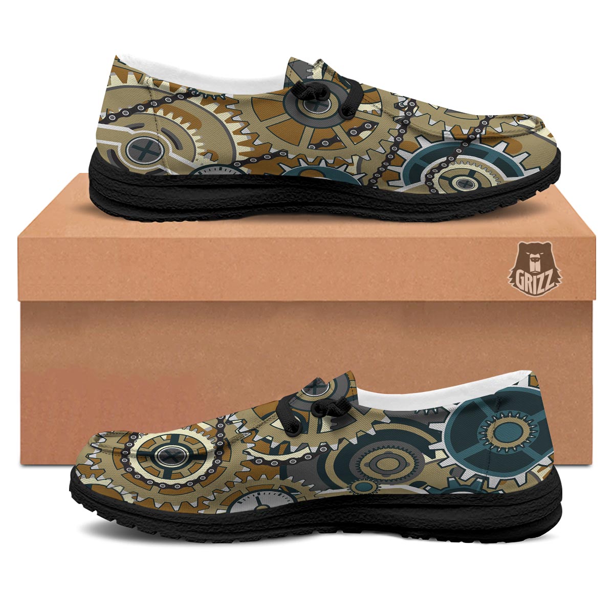 Cogwheels Steampunk Print Black Loafers-grizzshop