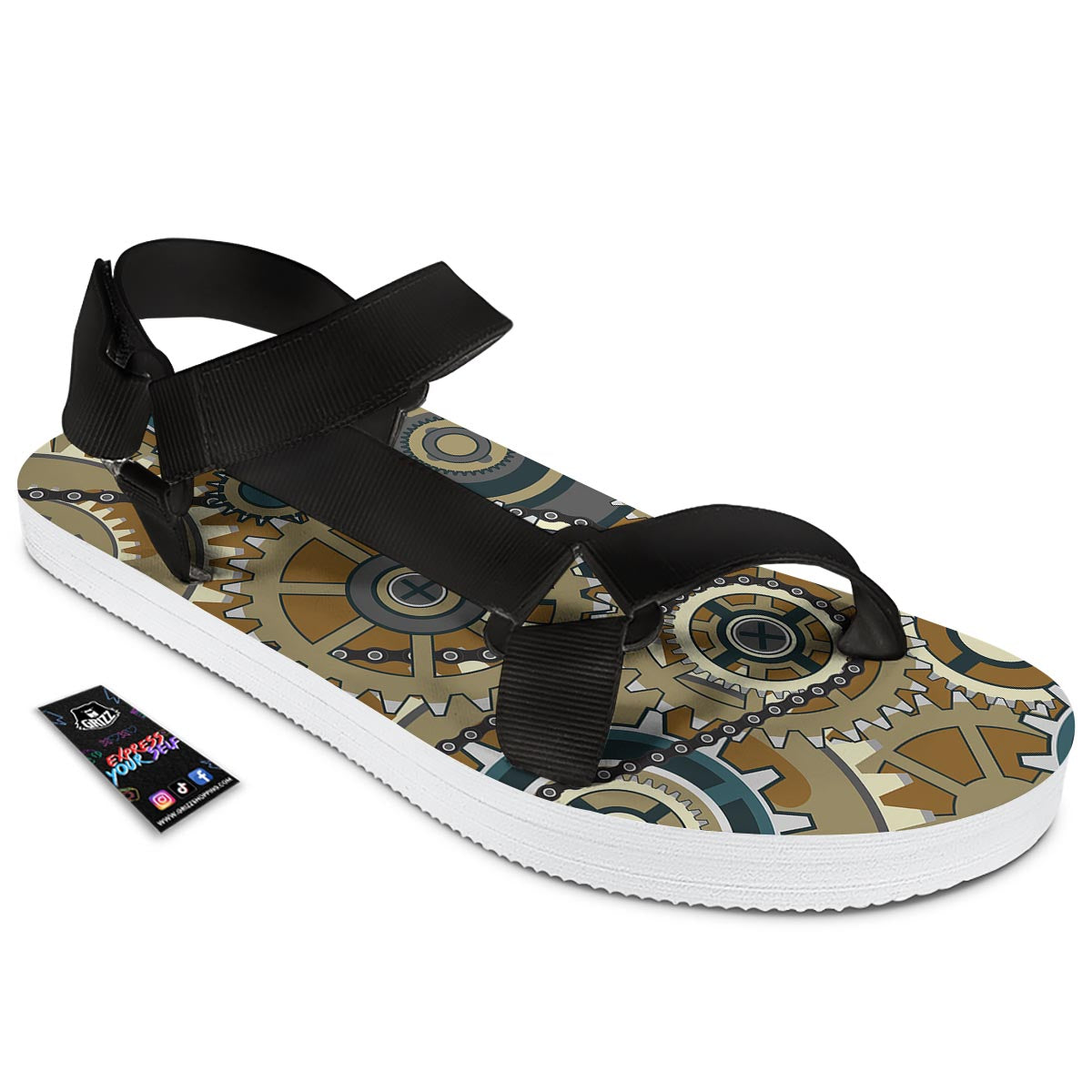 Cogwheels Steampunk Print Black Open Toe Sandals-grizzshop
