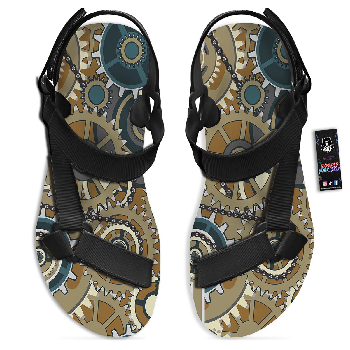 Cogwheels Steampunk Print Black Open Toe Sandals-grizzshop