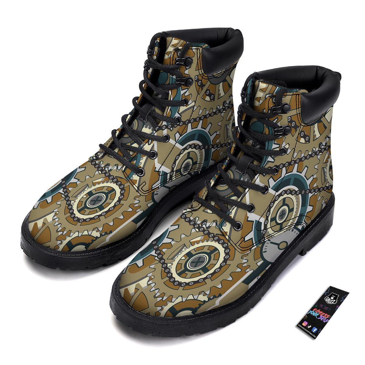 Cogwheels Steampunk Print Boots-grizzshop