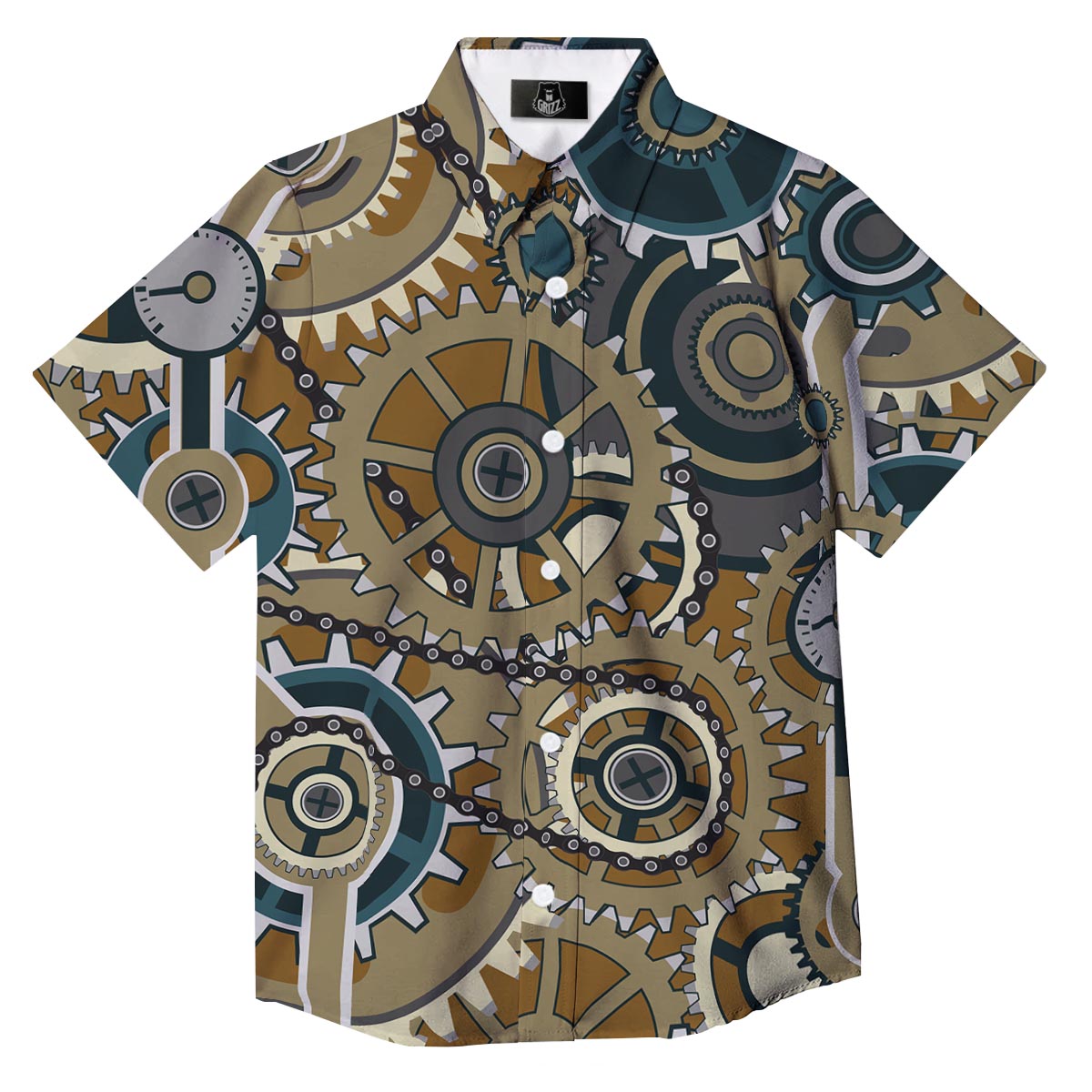Cogwheels Steampunk Print Button Up Shirt-grizzshop