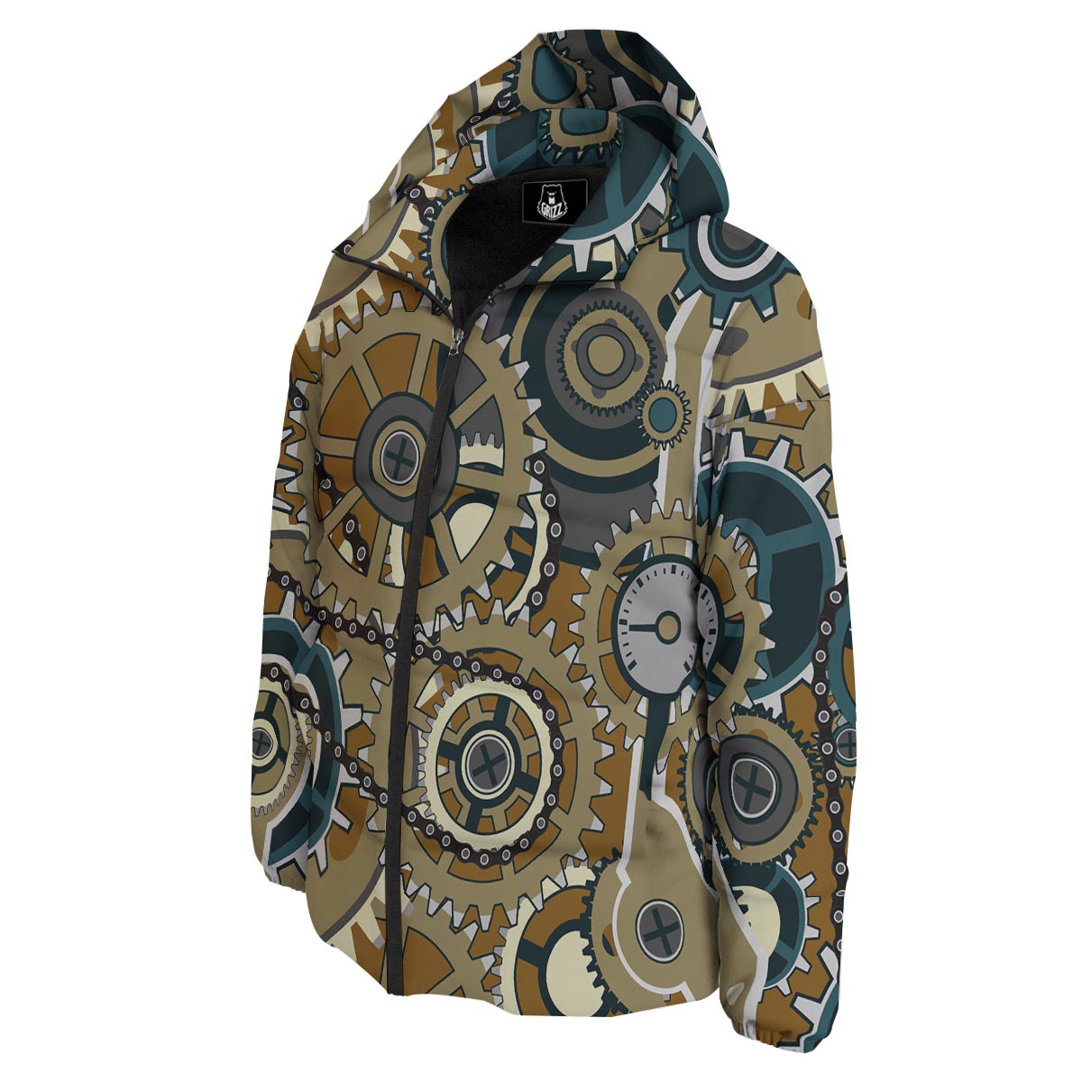 Cogwheels Steampunk Print Down Jacket-grizzshop