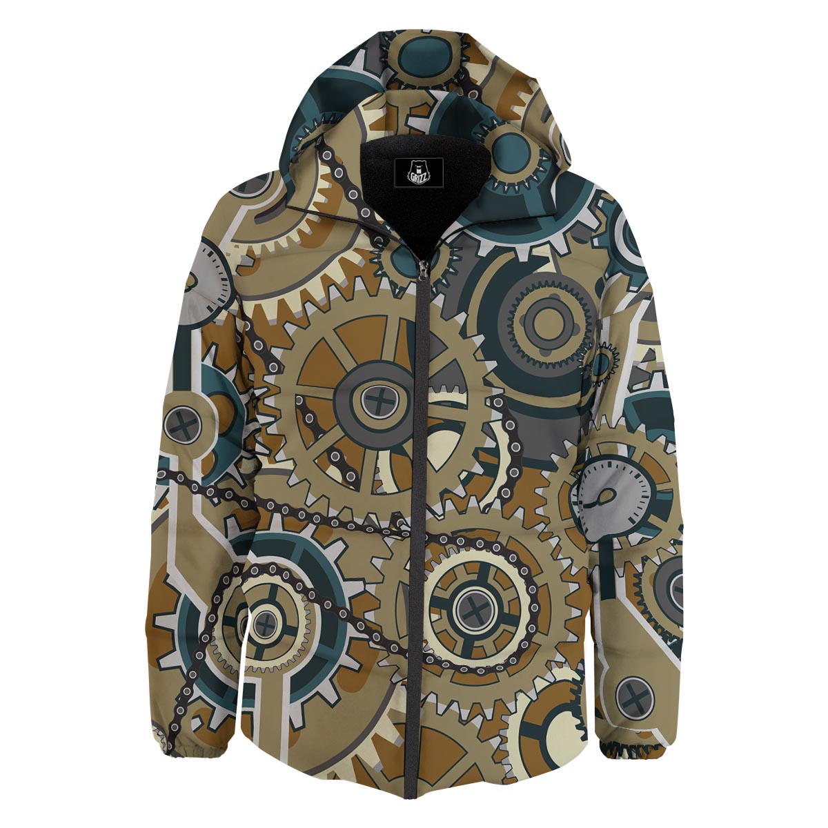 Cogwheels Steampunk Print Down Jacket-grizzshop