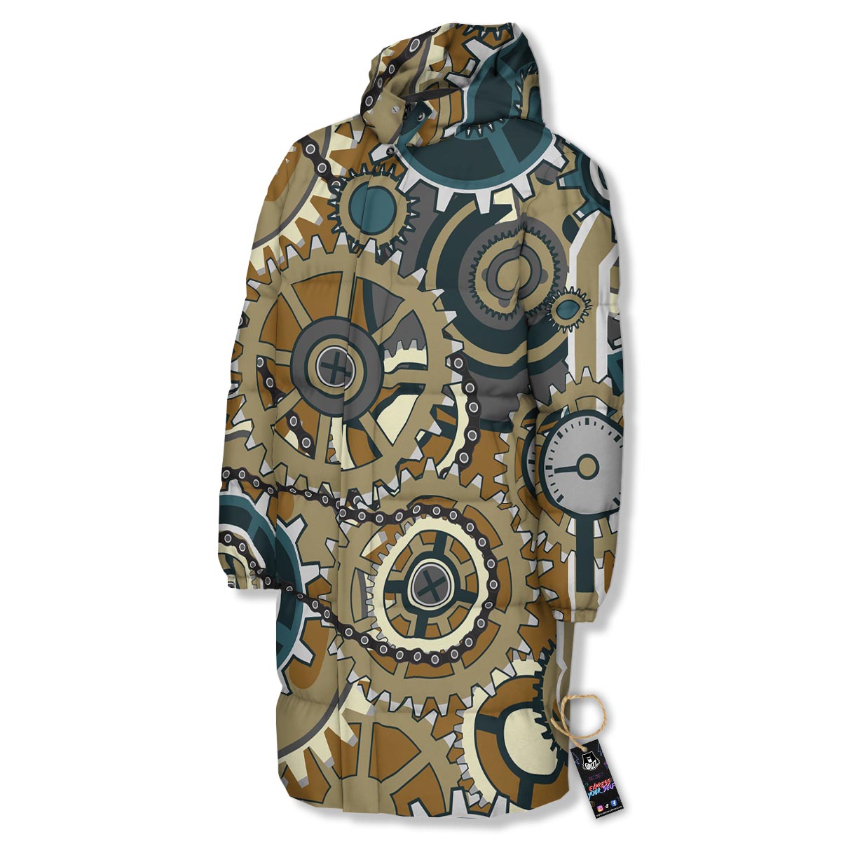 Cogwheels Steampunk Print Long Down Jacket-grizzshop