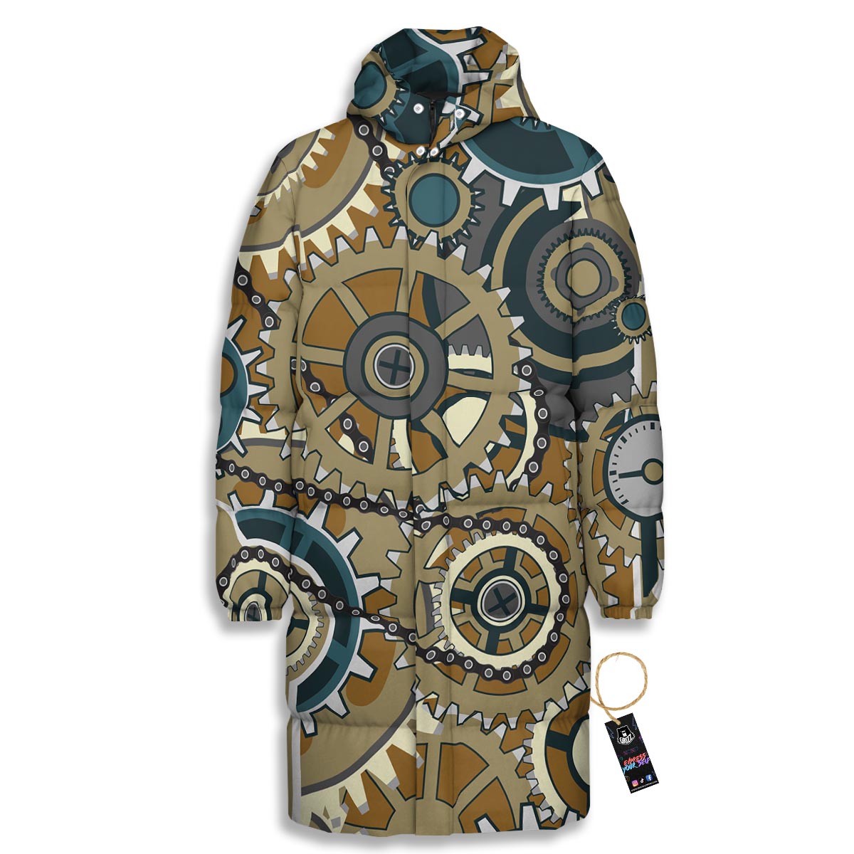 Cogwheels Steampunk Print Long Down Jacket-grizzshop