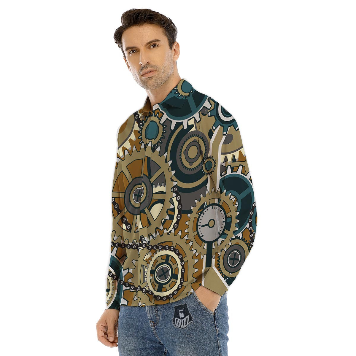 Cogwheels Steampunk Print Men's Dress Shirts-grizzshop