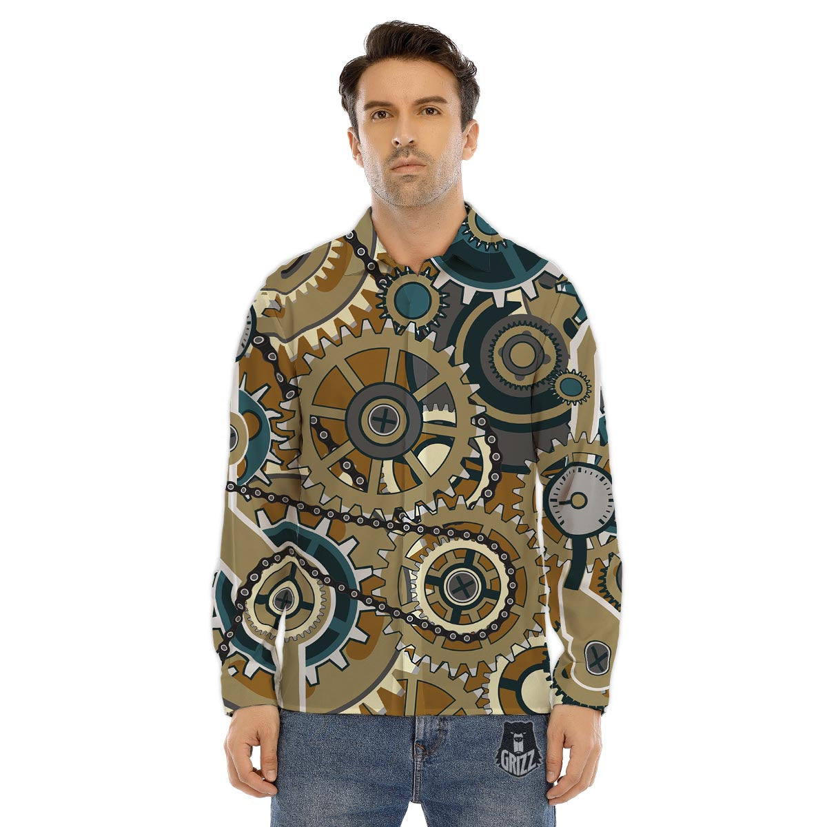 Cogwheels Steampunk Print Men's Dress Shirts-grizzshop