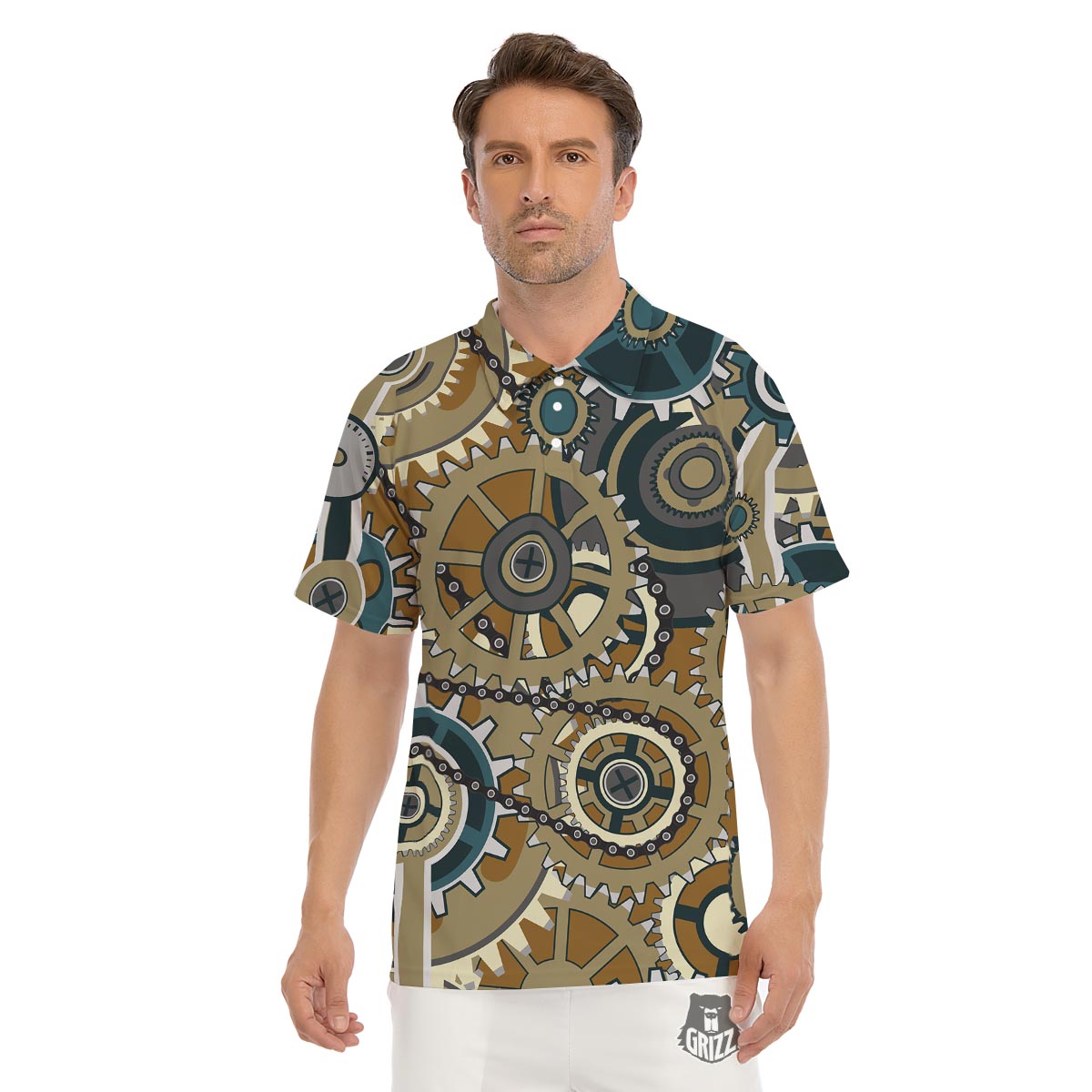 Cogwheels Steampunk Print Men's Golf Shirts-grizzshop