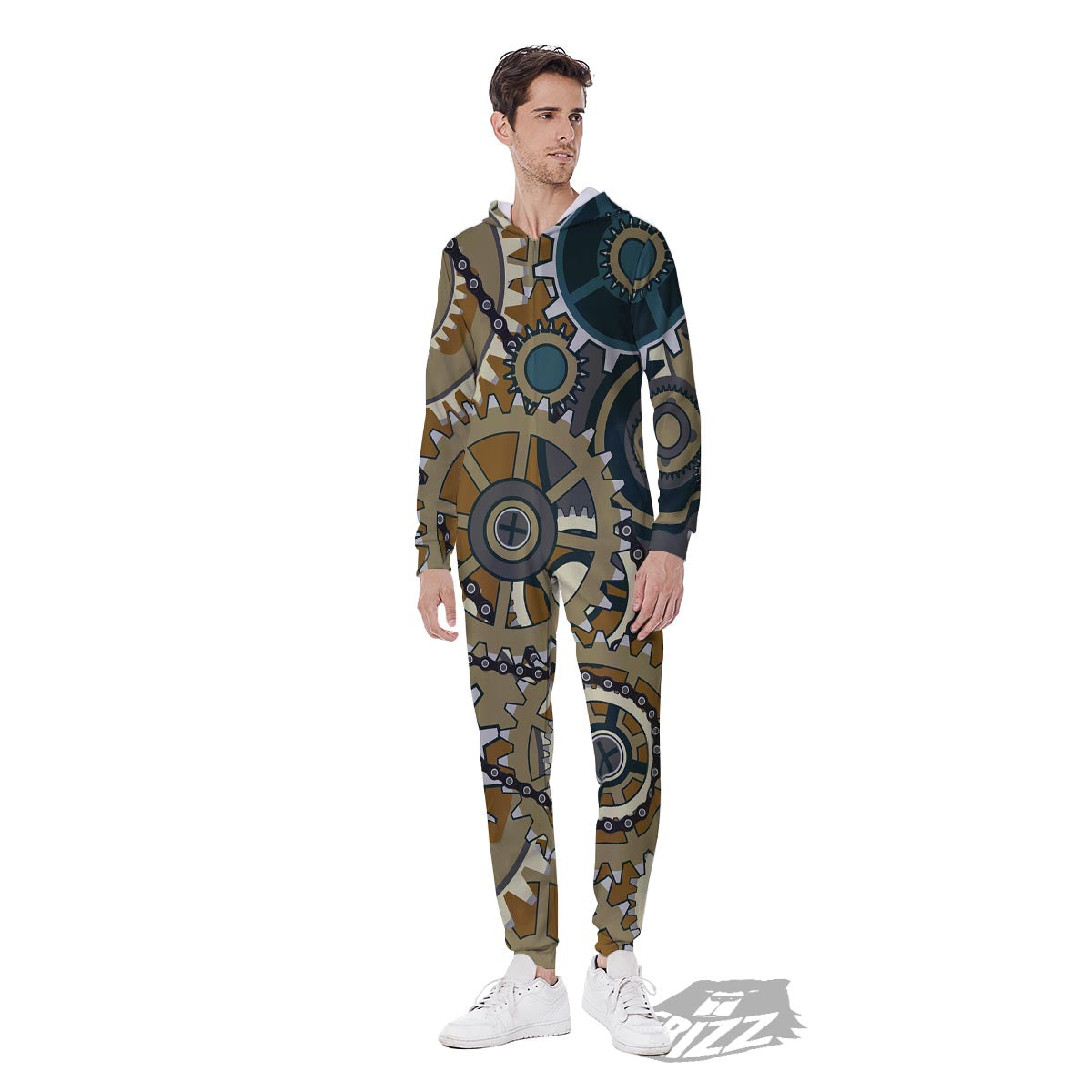 Cogwheels Steampunk Print Men's Jumpsuit-grizzshop
